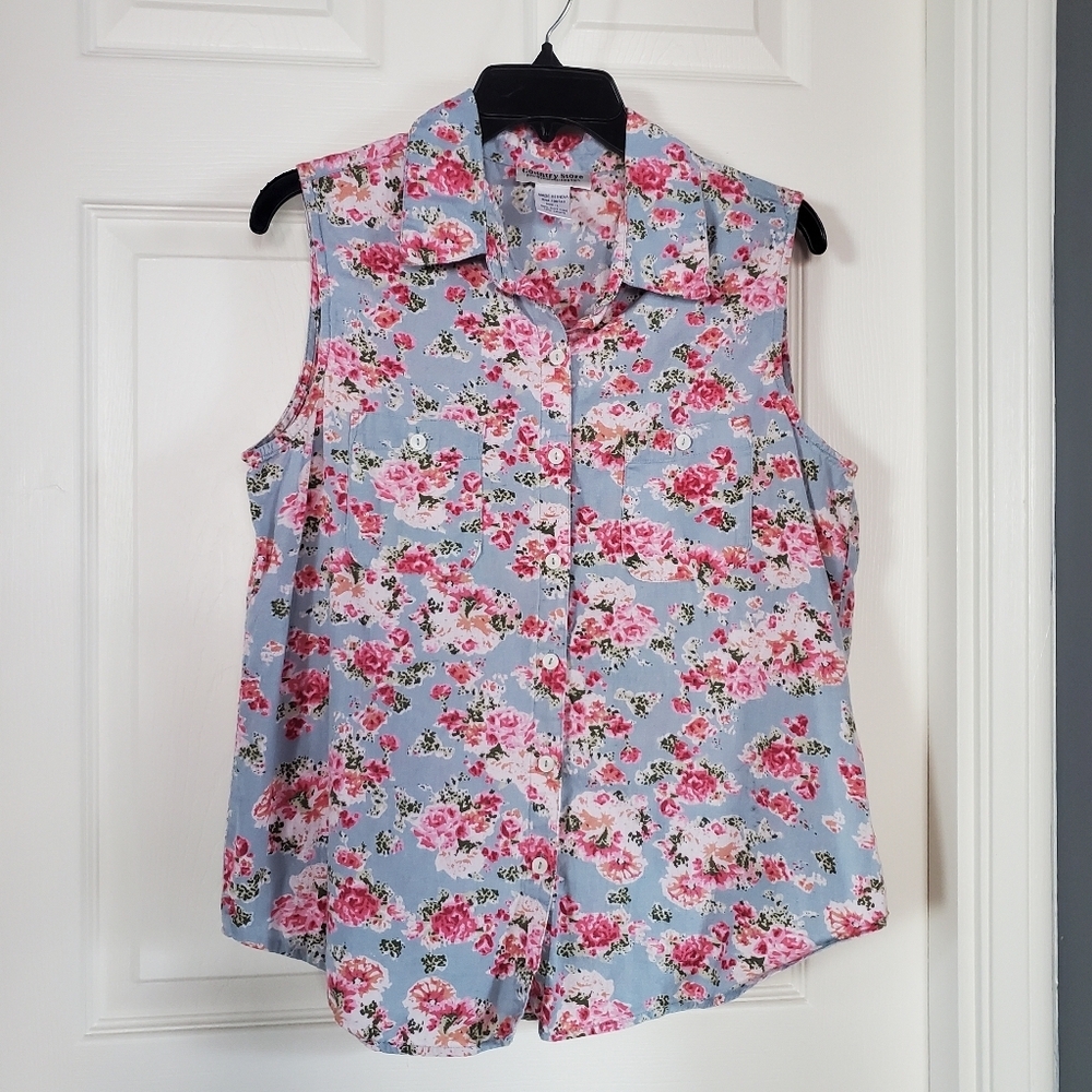 Country Store Vintage Sleeveless Floral Blouse Button-up Collared Linen Blend Lg